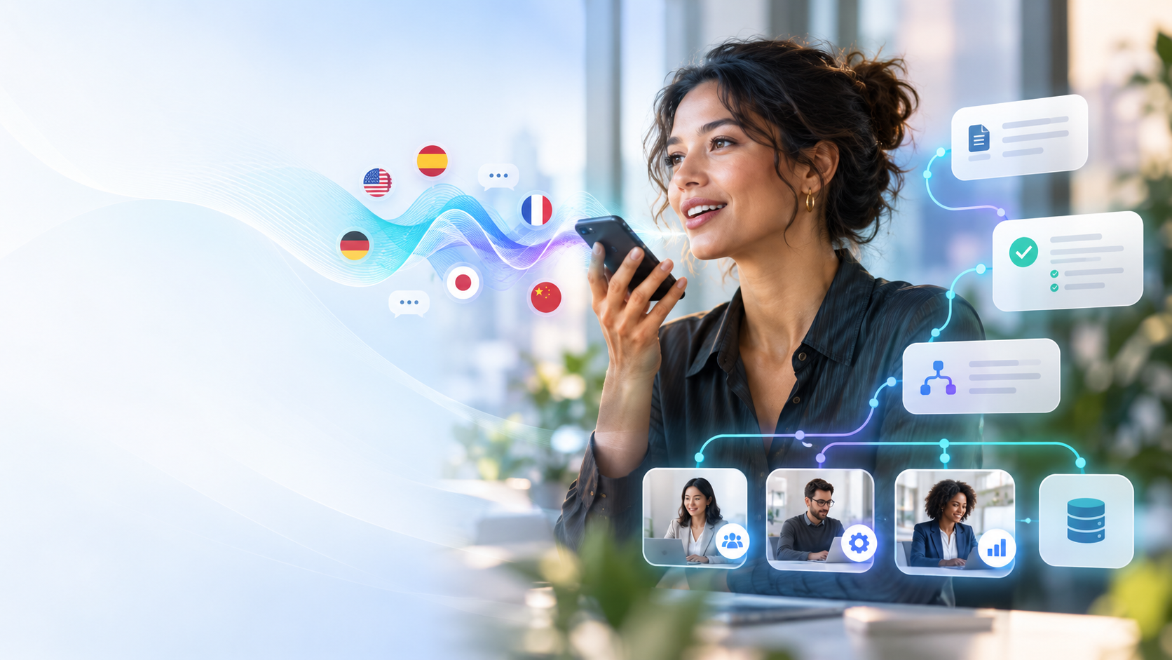Agente de voz com IA multilíngue conectado a fluxos de trabalho controlados